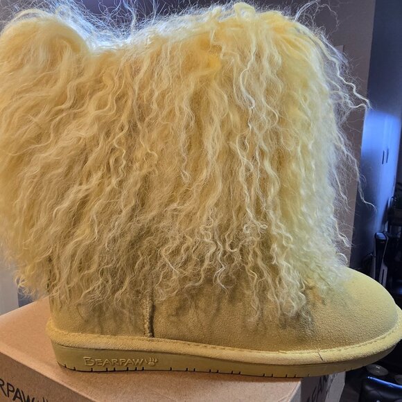 New Bearpaw Boo Boots Leather Suede Long Fur Sheepskin Women's Yellow SZ 10 NEW - Picture 6 of 13